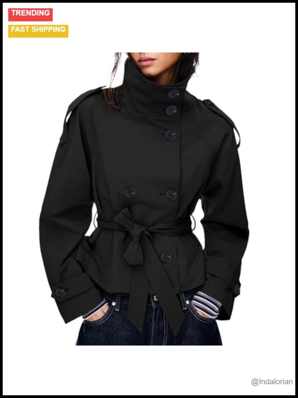 Women's Cropped Trench Coat Double Breasted Belted Fall Jacket